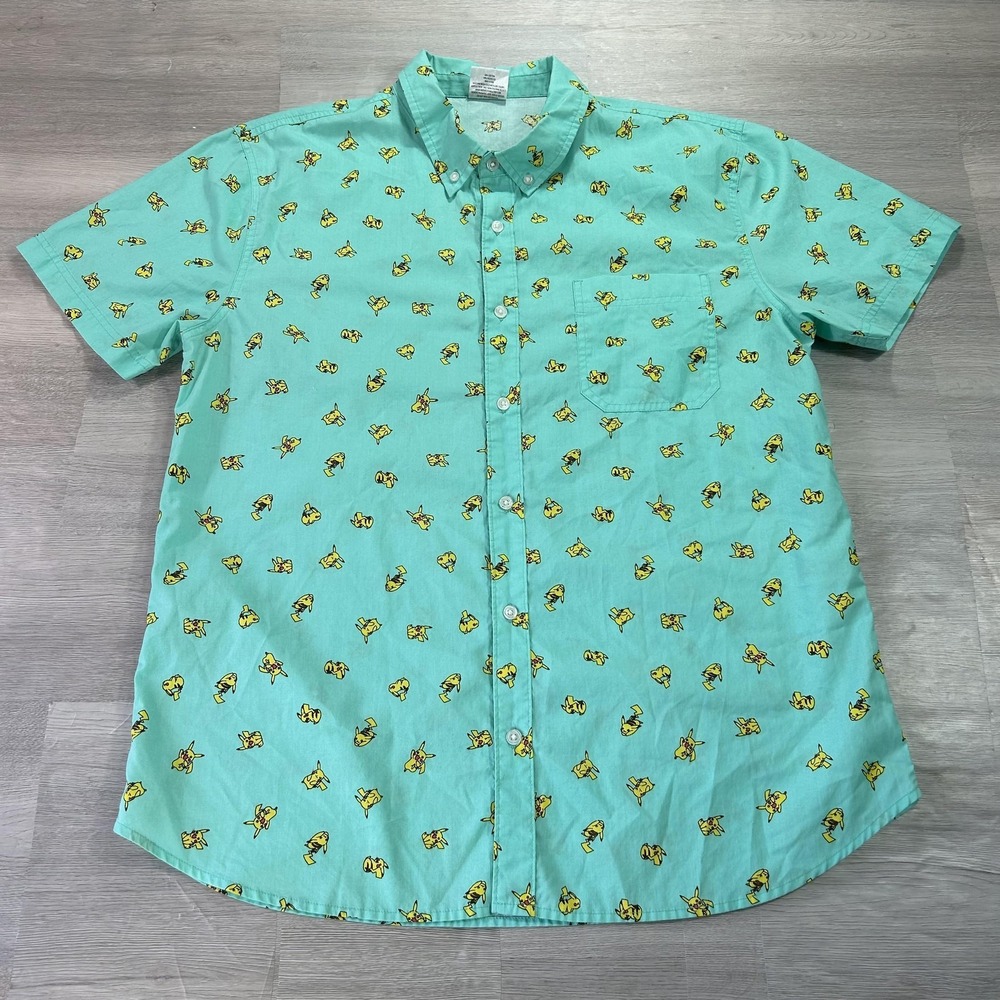 Pokémon Shirt Mens XL Blue Pikachu Graphic Short Sleeve Button Up Casual